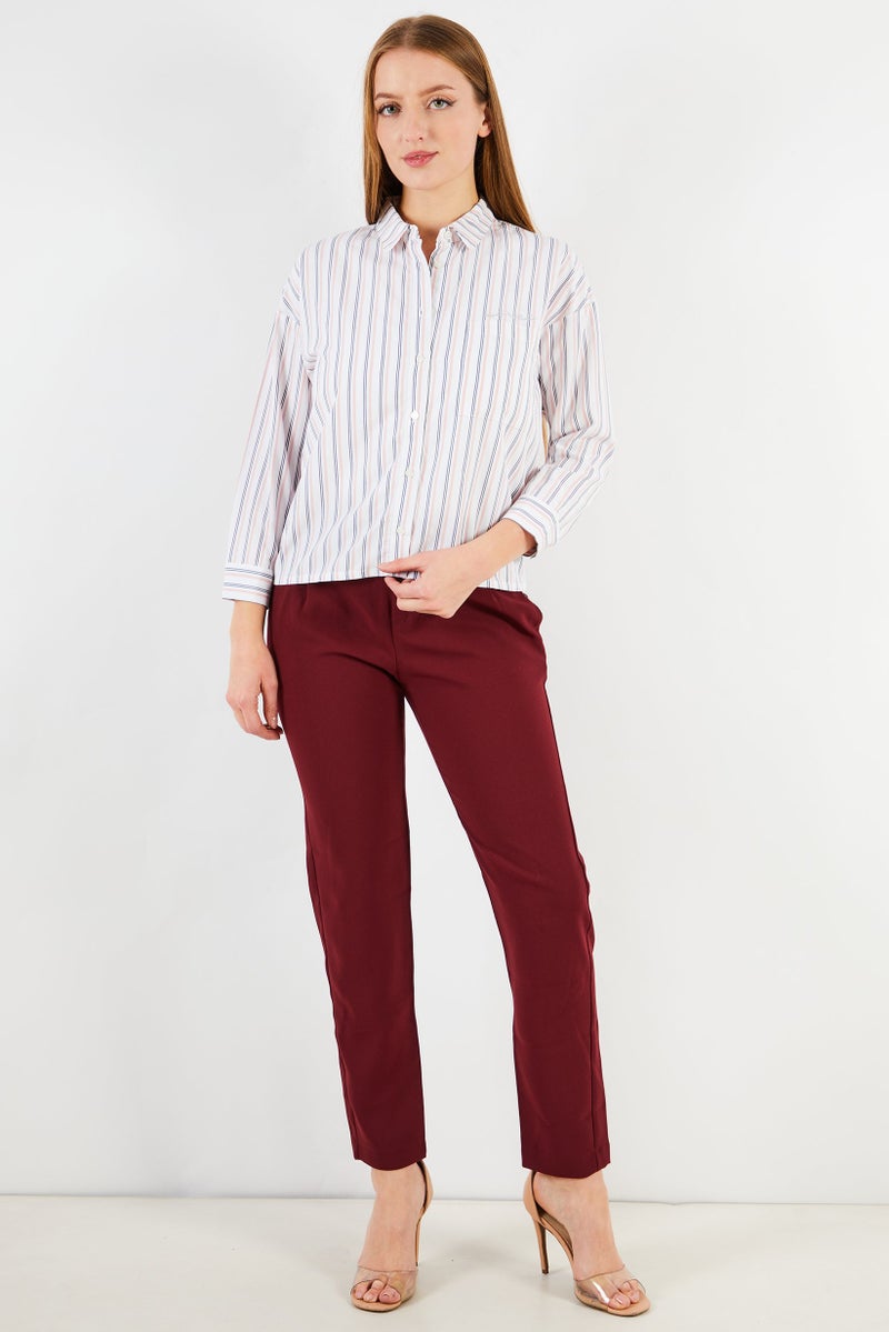 IKKS Women Spread Collar Long Sleeves Stripe Print Top, White Combo - Image 4