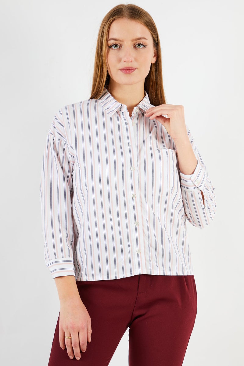 IKKS Women Spread Collar Long Sleeves Stripe Print Top, White Combo - Image 1