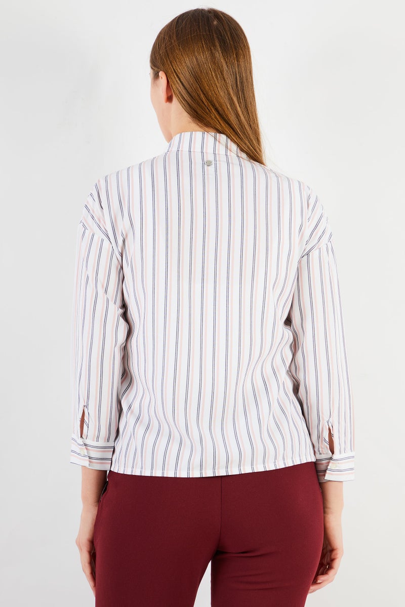 IKKS Women Spread Collar Long Sleeves Stripe Print Top, White Combo - Image 2