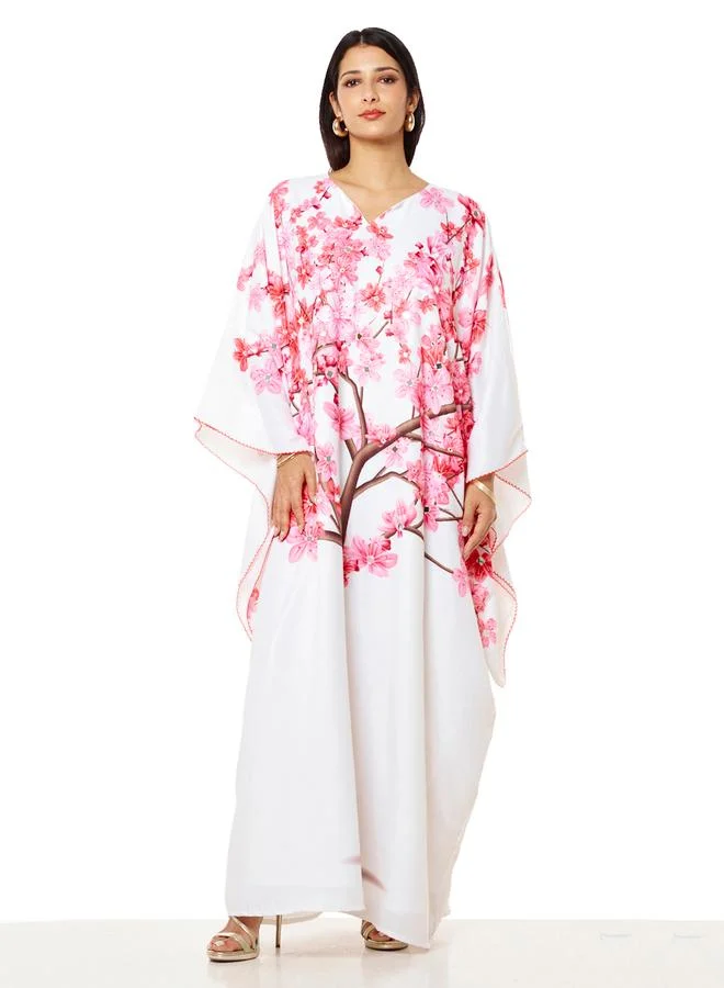 Thouq White Cherry Blossom Maxi A-Line Kaftan