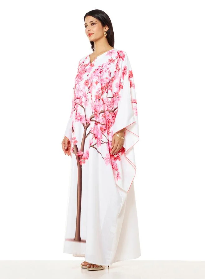 Thouq White Cherry Blossom Maxi A-Line Kaftan