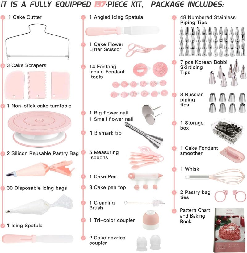 Boyun Cake Decorating Kit,137pcs Cake Decorating Supplies with Cake Turntable for Decorating,Pastry Piping Bag,Russian Piping Tips Baking Tools, Cake Baking Supplies for Beginners(Light Pink) - Image 3