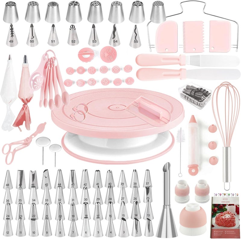 Boyun Cake Decorating Kit,137pcs Cake Decorating Supplies with Cake Turntable for Decorating,Pastry Piping Bag,Russian Piping Tips Baking Tools, Cake Baking Supplies for Beginners(Light Pink) - Image 1