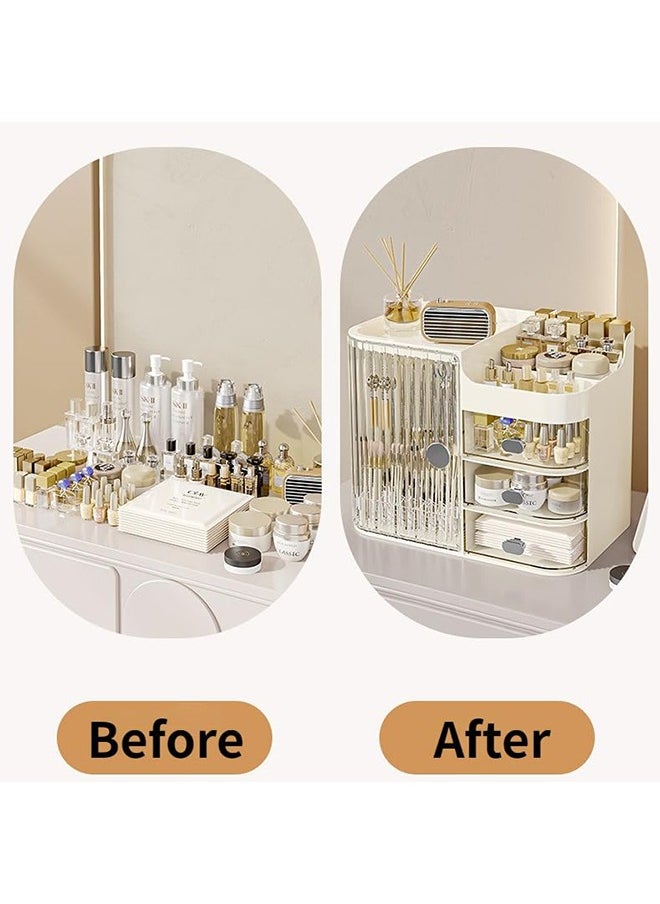 Makeup Organizer Large Capacity Cosmetic Storage Box Brush Holder Dustproof Drawer with Mirror for Vanity Countertop Skincare Display Case Clear Easy Visibility