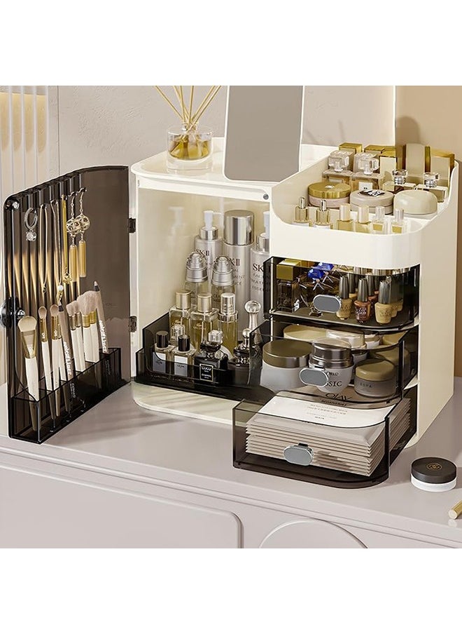 Makeup Organizer Large Capacity Cosmetic Storage Box Brush Holder Dustproof Drawer with Mirror for Vanity Countertop Skincare Display Case Clear Easy Visibility