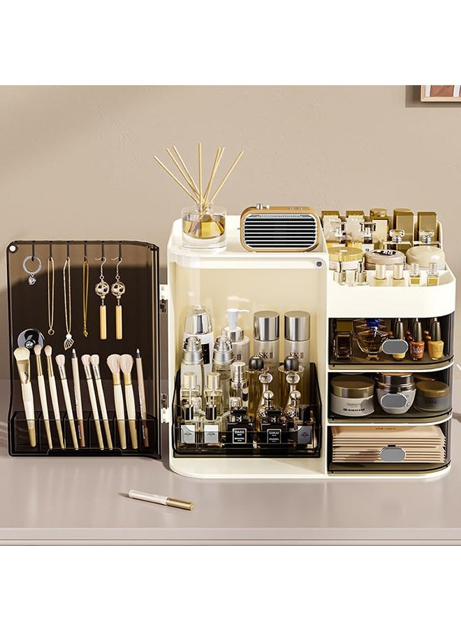 Makeup Organizer Large Capacity Cosmetic Storage Box Brush Holder Dustproof Drawer with Mirror for Vanity Countertop Skincare Display Case Clear Easy Visibility