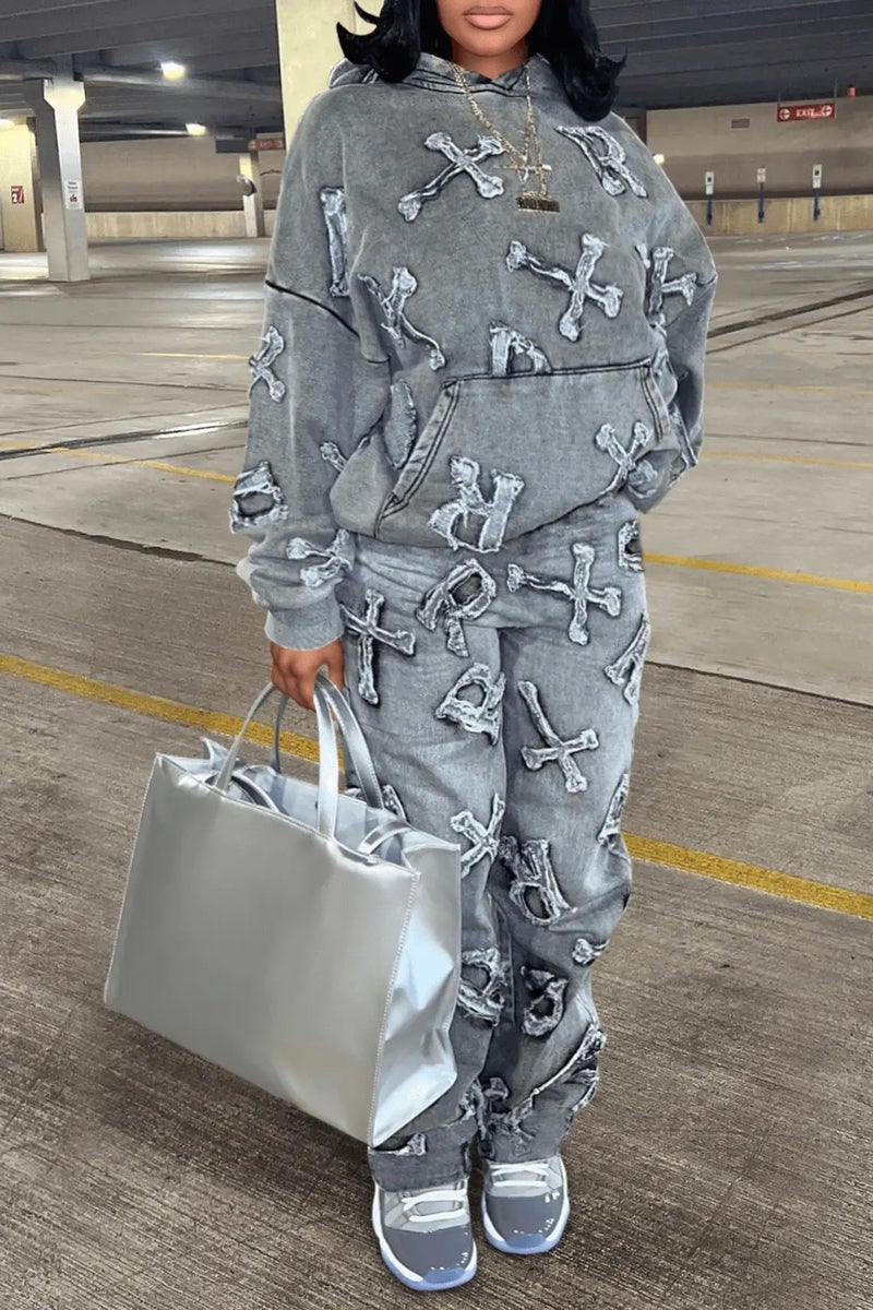 Amazon 2022 New Autum Printed Flap Pocket Pants Long-sleeved Sweatshirt 2-piece Set Trousers Suit for Women Gray