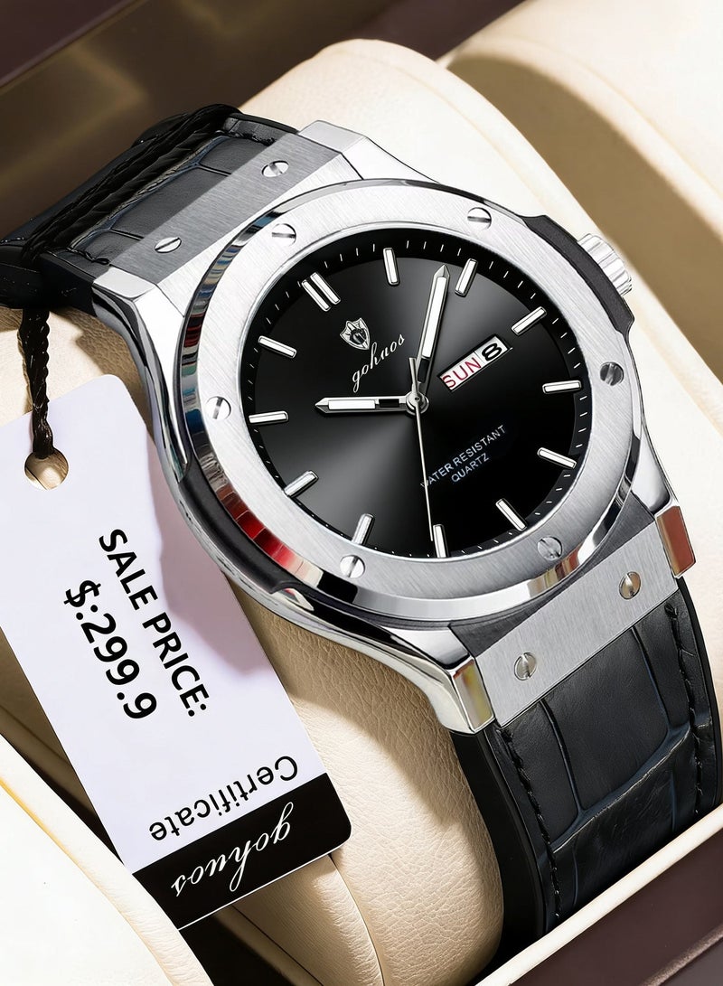 GOHUOS Men's Watch, Leather Analog Waterproof Quartz Luxury Business Fashion Wrist Watch - 42mm - Image 1