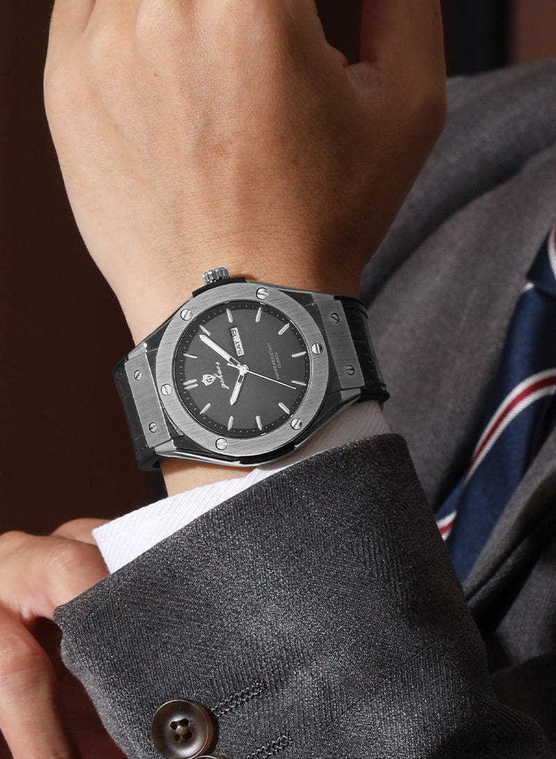 GOHUOS Men's Watch, Leather Analog Waterproof Quartz Luxury Business Fashion Wrist Watch - 42mm - Image 2