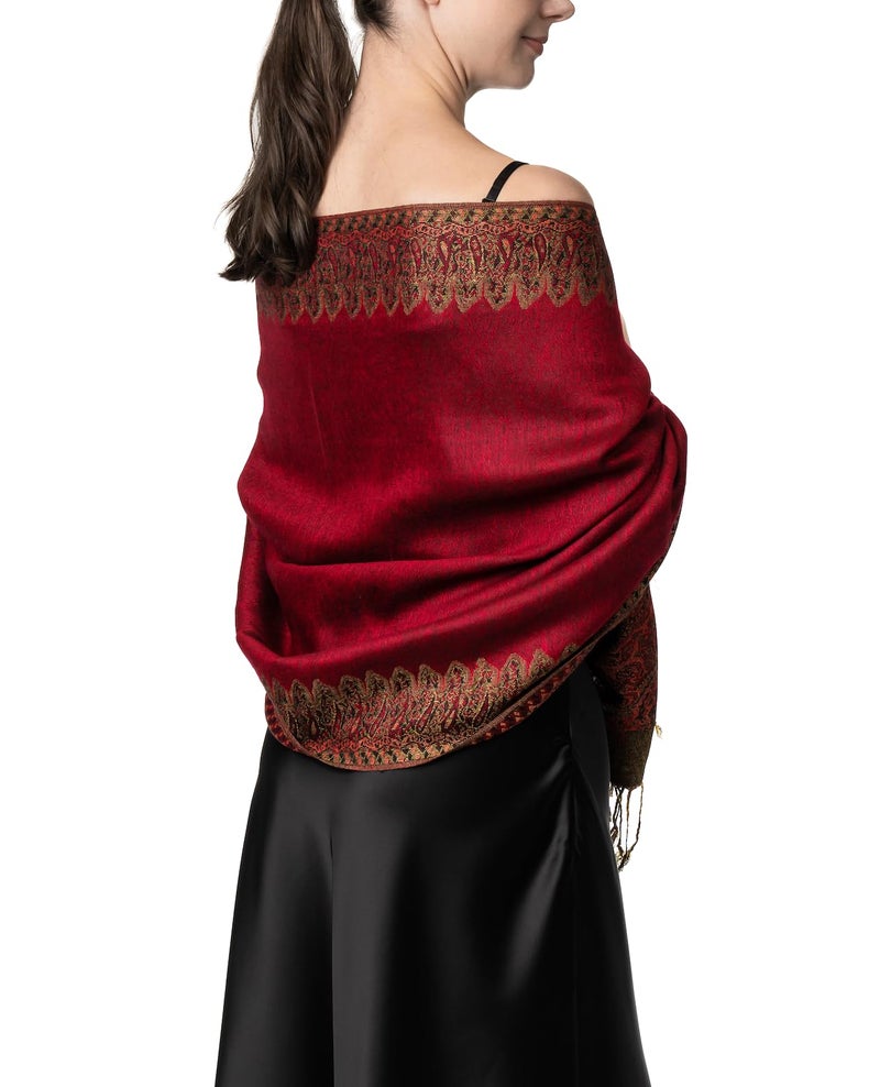 Achillea Luxurious Double Layered Jacquard Big Paisley Pashmina Shawl Wrap Scarf (Burgundy Border) - Image 1