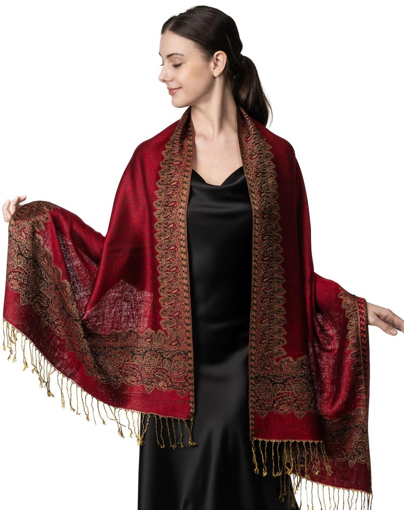 Achillea Luxurious Double Layered Jacquard Big Paisley Pashmina Shawl Wrap Scarf (Burgundy Border) - Image 2