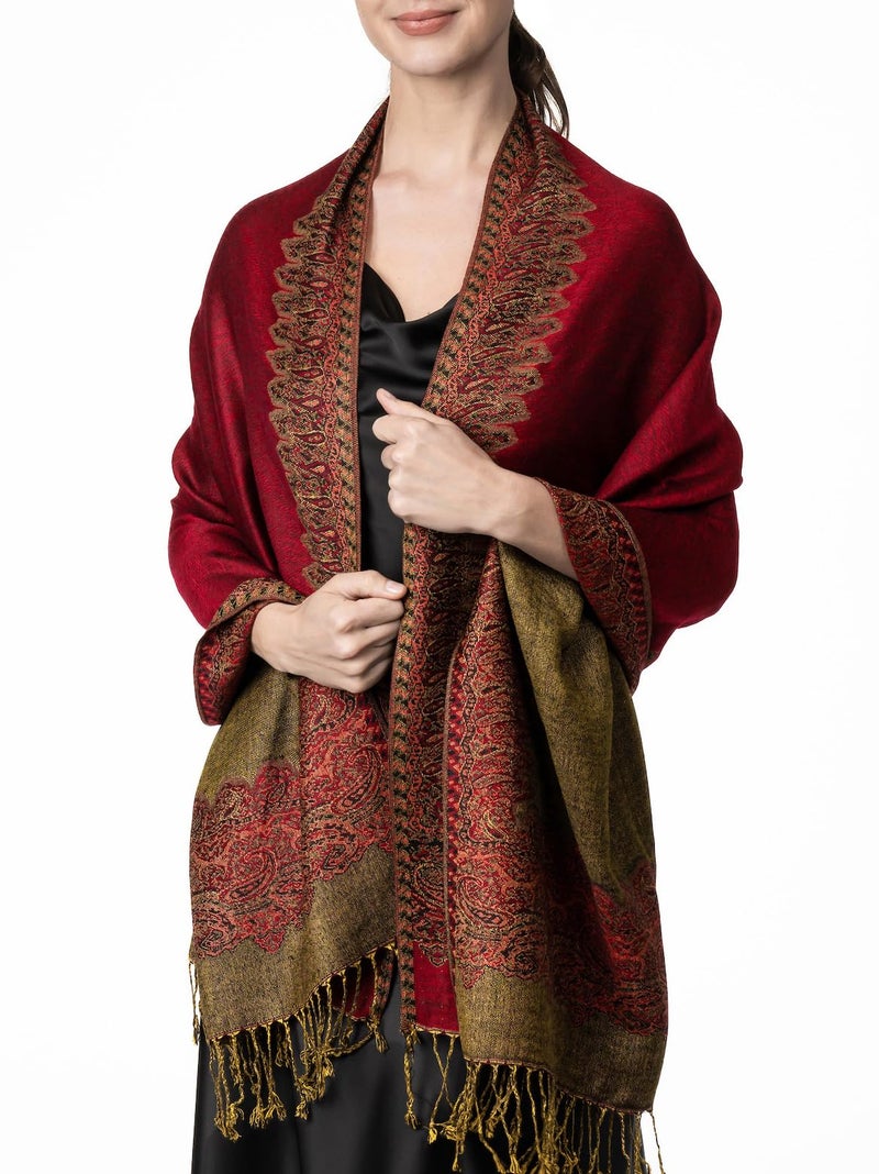 Achillea Luxurious Double Layered Jacquard Big Paisley Pashmina Shawl Wrap Scarf (Burgundy Border) - Image 3
