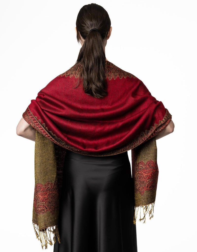 Achillea Luxurious Double Layered Jacquard Big Paisley Pashmina Shawl Wrap Scarf (Burgundy Border) - Image 5