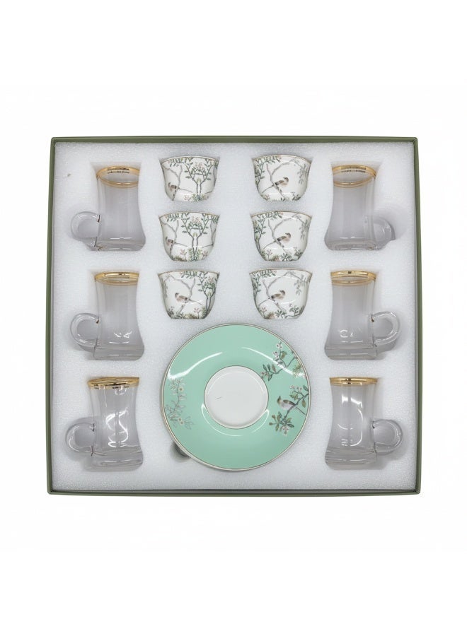 Angela Arabic Tea & Coffee Gift Set â€“ 12 Piece | Porcelain Gahwa Cups & Gold-Rim Glass | Bird Floral Design - Image 1
