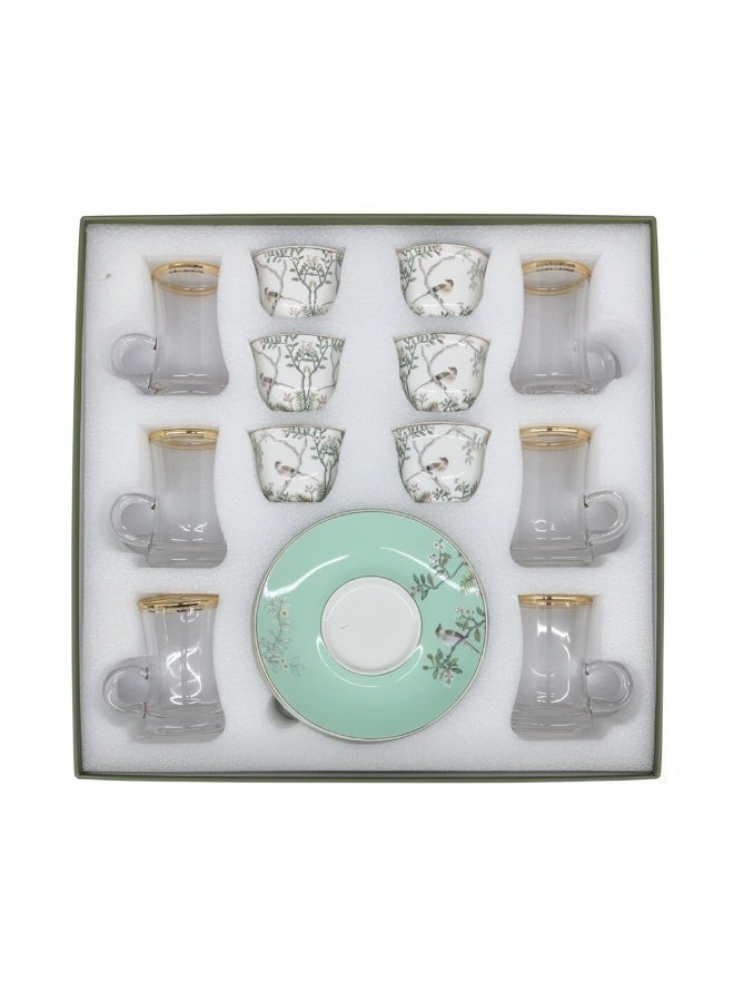 Angela Arabic Tea & Coffee Gift Set â€“ 12 Piece | Porcelain Gahwa Cups & Gold-Rim Glass | Bird Floral Design - Image 2