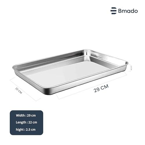 Bmado Versatile Stainless Steel Tray | Kitchen, Hotel & Restaurant Serving Tray for Cakes, Snacks & Tea | Oven Use Partially Recommended | Durable Rust-Free Design (29.5 x 22.5 x 2.5 cm – Medium, Pack of 1) - Image 3