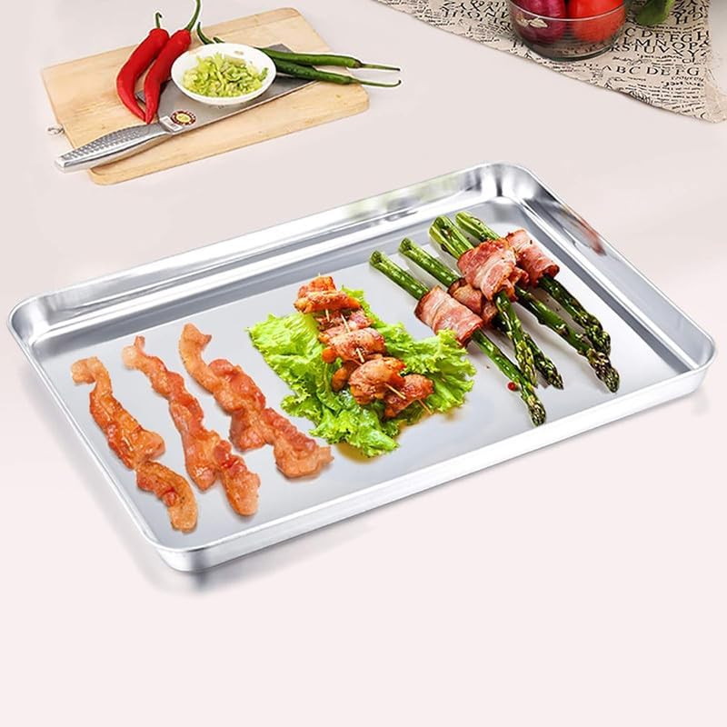 Bmado Versatile Stainless Steel Tray | Kitchen, Hotel & Restaurant Serving Tray for Cakes, Snacks & Tea | Oven Use Partially Recommended | Durable Rust-Free Design (29.5 x 22.5 x 2.5 cm – Medium, Pack of 1) - Image 5