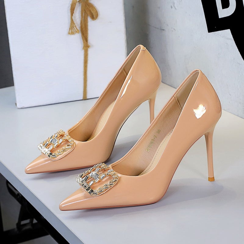 9283-K213 Women'S Fashionable High-Heeled Shoes With Rhinestones, Pointed Toe, Stiletto Heels, Patent Leather, Shallow Mouth, Comfortable High-Heeled Single Shoes - Image 3