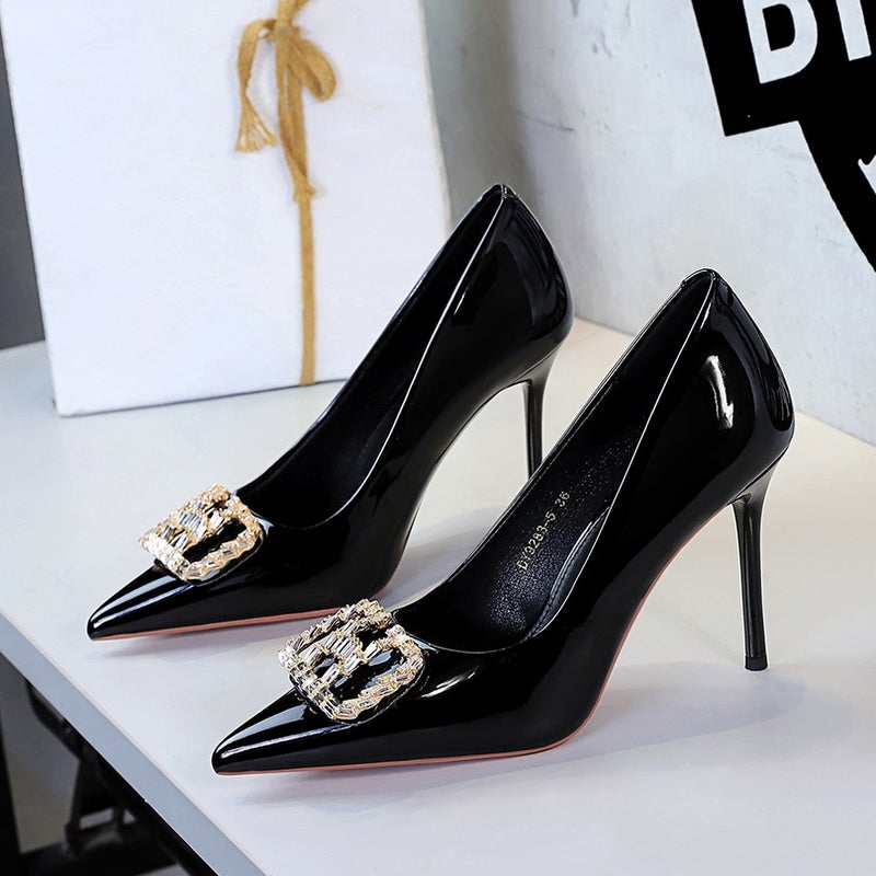 9283-K213 Women'S Fashionable High-Heeled Shoes With Rhinestones, Pointed Toe, Stiletto Heels, Patent Leather, Shallow Mouth, Comfortable High-Heeled Single Shoes - Image 2