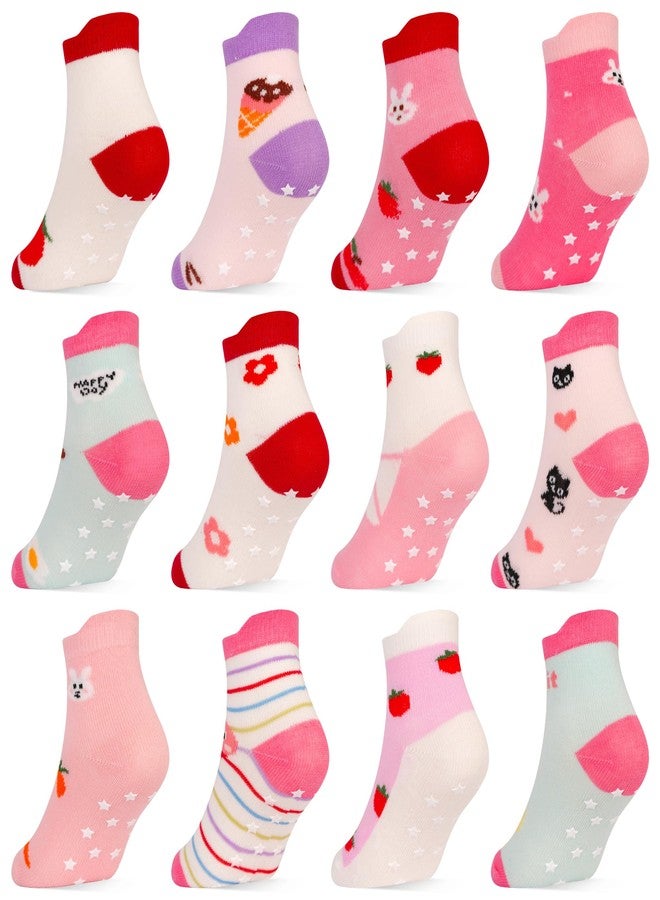Tphon Toddler Girls Socks with Grips Baby Anti Slip Ankle Socks 12 Pairs Kids Cute Cartoon Patterns Sock for 6M-7Years, 03# Rabbit, 3-5 Years - Image 1
