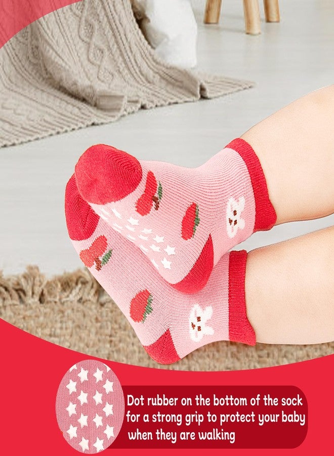 Tphon Toddler Girls Socks with Grips Baby Anti Slip Ankle Socks 12 Pairs Kids Cute Cartoon Patterns Sock for 6M-7Years, 03# Rabbit, 3-5 Years - Image 3