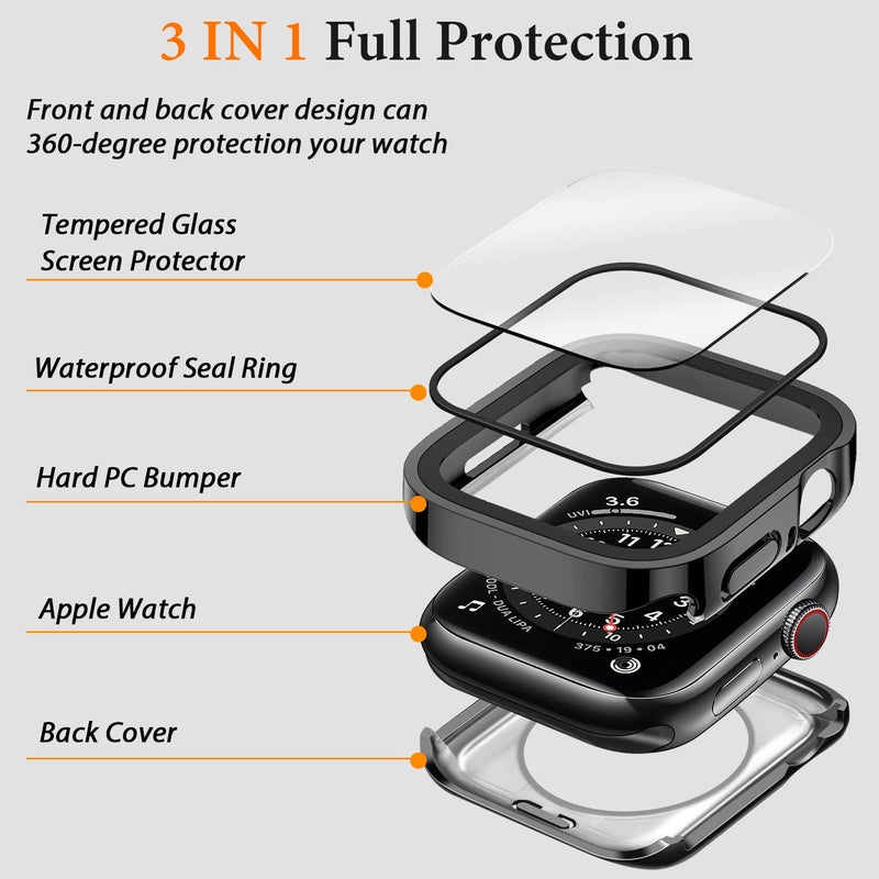 Amizee 2 in 1 Case [2-Pack] Compatible with Apple Watch SE 3/2/1 Series 6/5/4 44mm with Built-in Screen Protector, Straight Edge Hard PC Full Body Protective Cover for iWatch 44mm, Black - Image 2