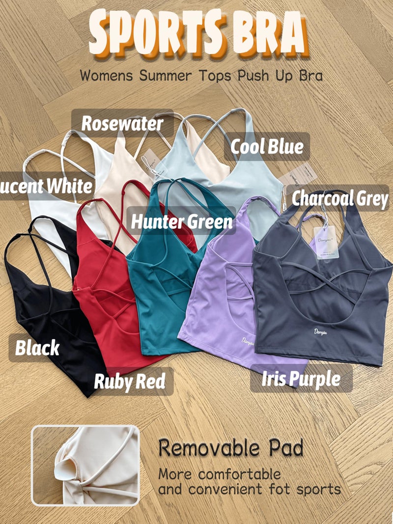 Danysu Spring Tops for Women Longline Sports Bras Workout Tops for Women Light Support Strappy Padded Yoga Top V Neck Iris Purple S - Image 3