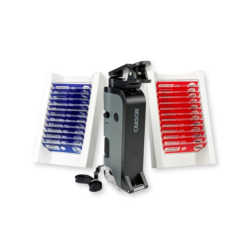 Carson Carson MicroFlip 100x-250x LED and UV Lighted Pocket Microscope with Flip Down Slide Base and Adapter with CarsonCam Phone App - Bundle Included with 24 Prepared Insect and Animal Slides (MP-250BUN)  - Image 1