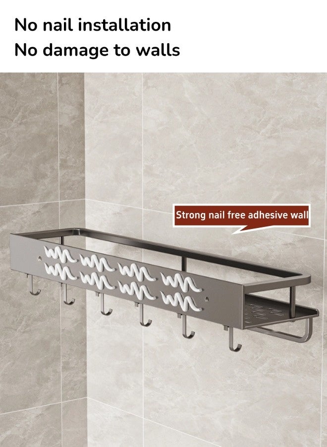 Wall Mounted Bathroom Shelves, No-Drilling Adhesive Bathroom Organizer, Rustproof Stainless Steel Bathroom Shower Rack, Large Capacity Bathroom Storage Organizer, with 5 Hooks and Towel Bar, Suitable for Shower Caddies Bathroom Storage&Home Decor&Kitchen (Grey, 50CM) - Image 5