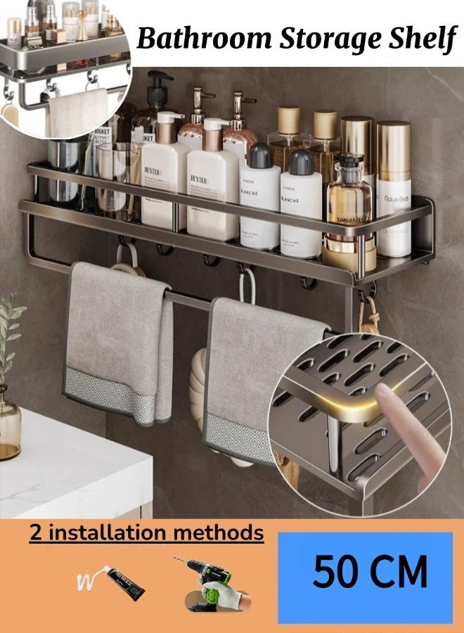 Wall Mounted Bathroom Shelves, No-Drilling Adhesive Bathroom Organizer, Rustproof Stainless Steel Bathroom Shower Rack, Large Capacity Bathroom Storage Organizer, with 5 Hooks and Towel Bar, Suitable for Shower Caddies Bathroom Storage&Home Decor&Kitchen (Grey, 50CM) - Image 1