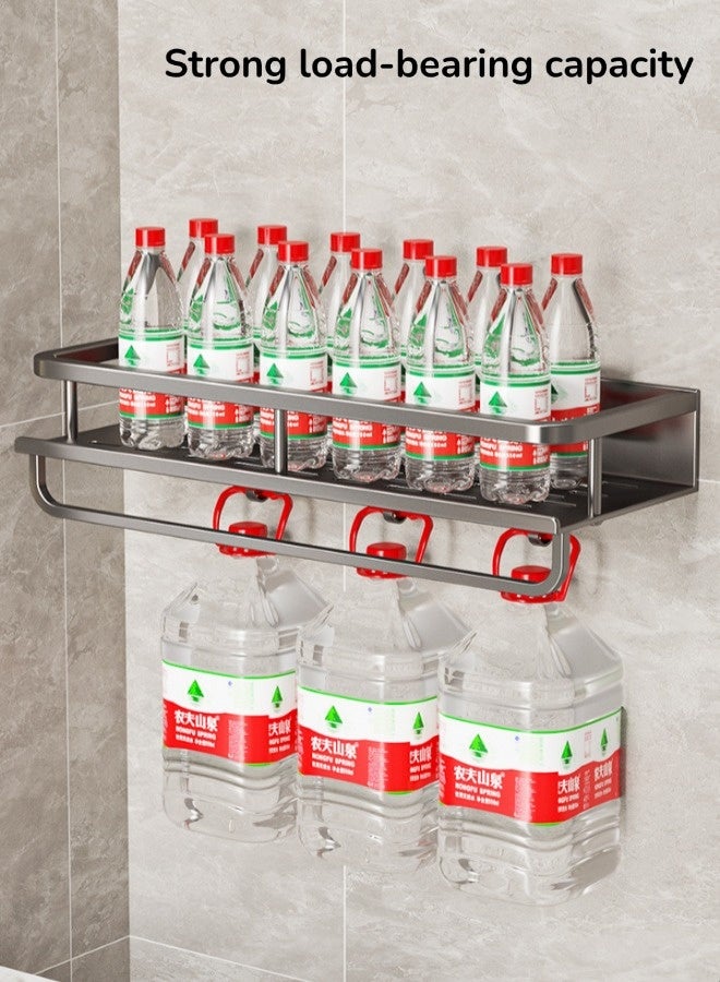Wall Mounted Bathroom Shelves, No-Drilling Adhesive Bathroom Organizer, Rustproof Stainless Steel Bathroom Shower Rack, Large Capacity Bathroom Storage Organizer, with 5 Hooks and Towel Bar, Suitable for Shower Caddies Bathroom Storage&Home Decor&Kitchen (Grey, 50CM) - Image 4
