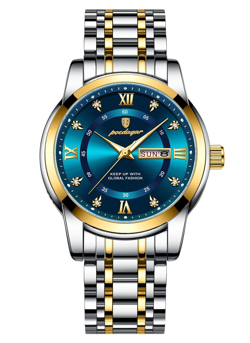 POEDAGAR Men Business Dress Rhinestone Analog Quartz Date Luxury Watch for Men Casual Stainless Steel Waterproof Luminous Wrist Watch  - Image 2