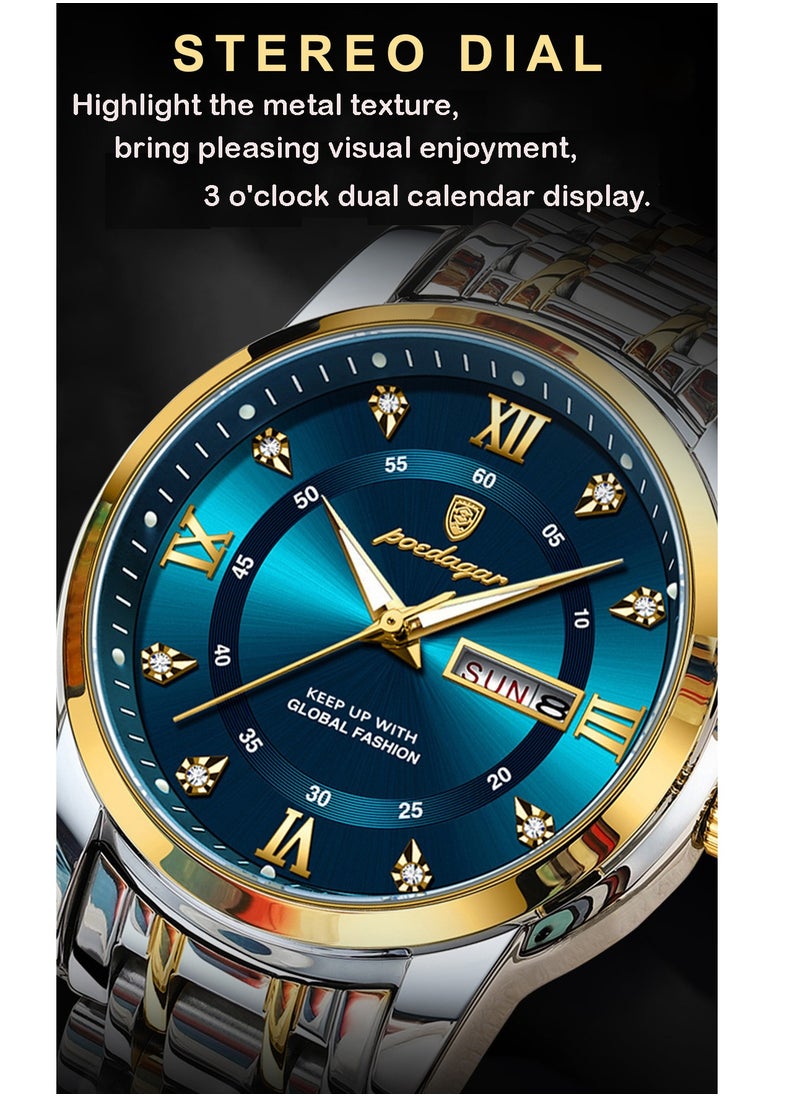 POEDAGAR Men Business Dress Rhinestone Analog Quartz Date Luxury Watch for Men Casual Stainless Steel Waterproof Luminous Wrist Watch  - Image 3