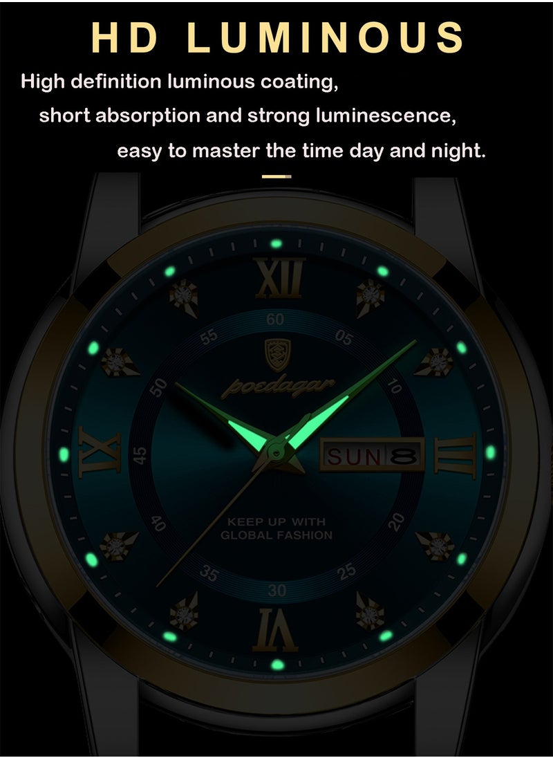 POEDAGAR Men Business Dress Rhinestone Analog Quartz Date Luxury Watch for Men Casual Stainless Steel Waterproof Luminous Wrist Watch  - Image 5