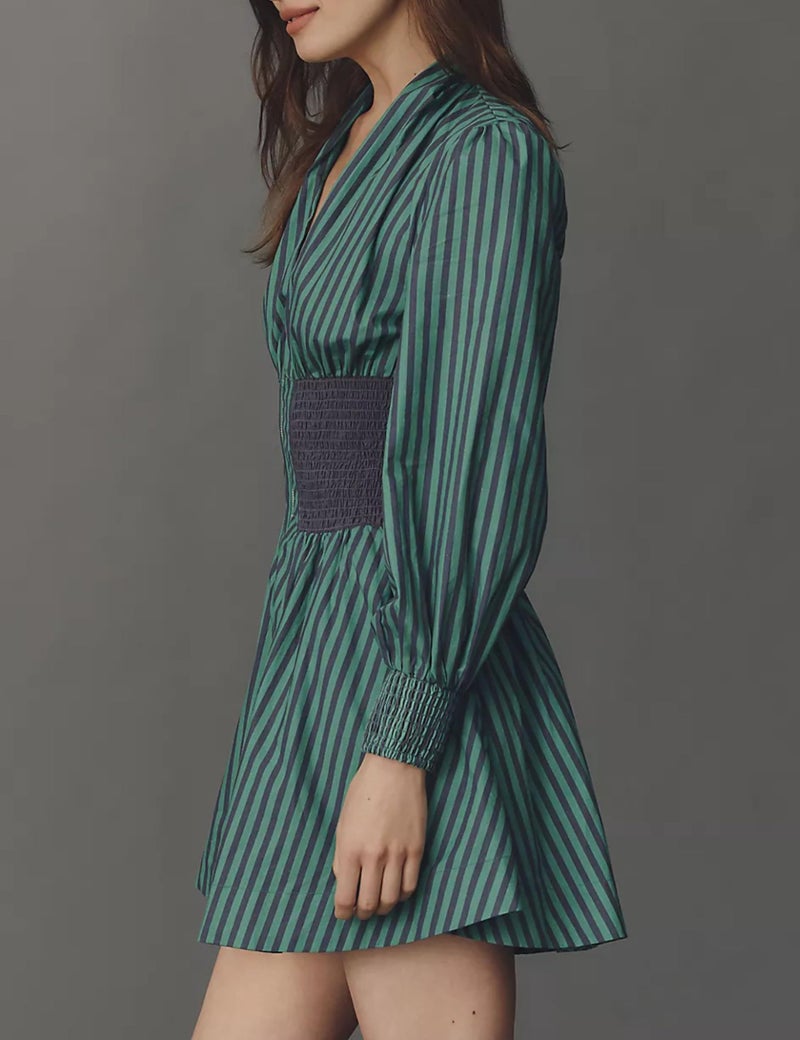 Meyhad Womens Long Sleeve Mini Dress V Neck Smocked Zipper Dress Casual A Line Short Dress with Pockets(1012-StripedGreen-L) - Image 3