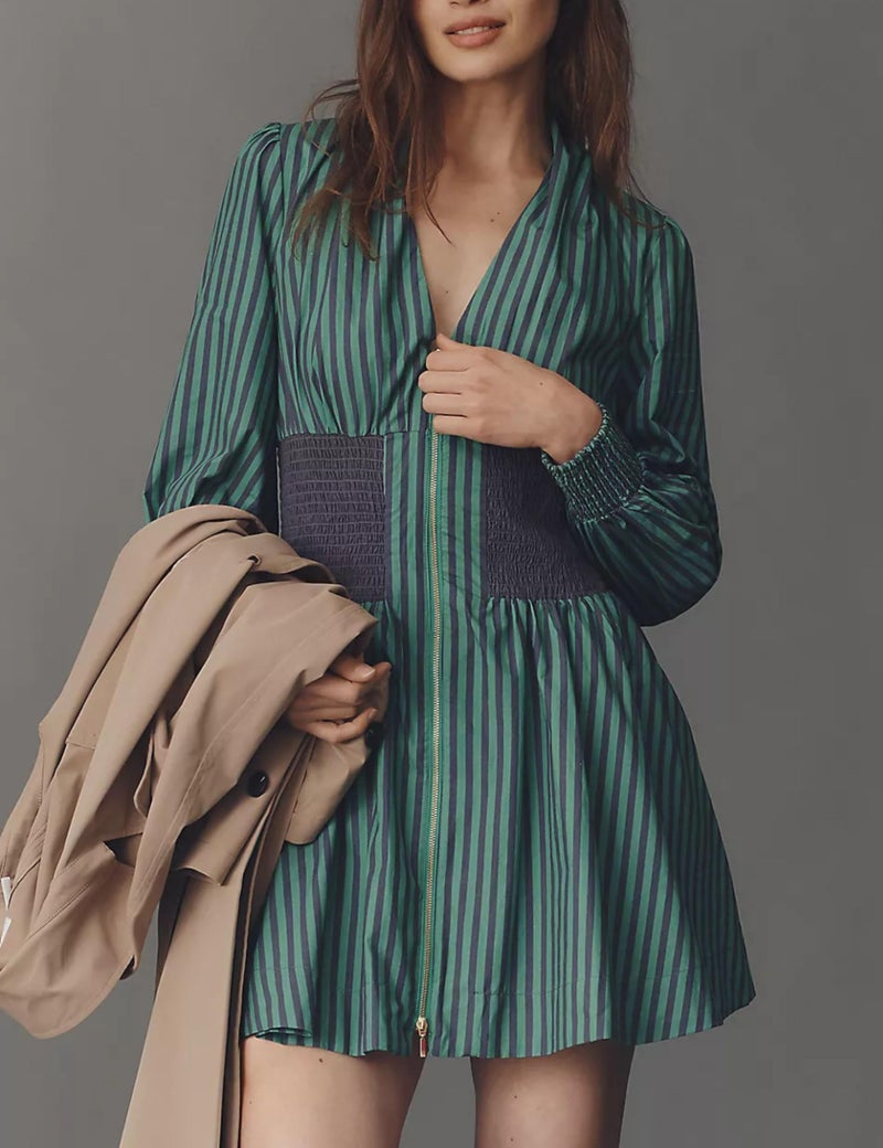 Meyhad Womens Long Sleeve Mini Dress V Neck Smocked Zipper Dress Casual A Line Short Dress with Pockets(1012-StripedGreen-L) - Image 2