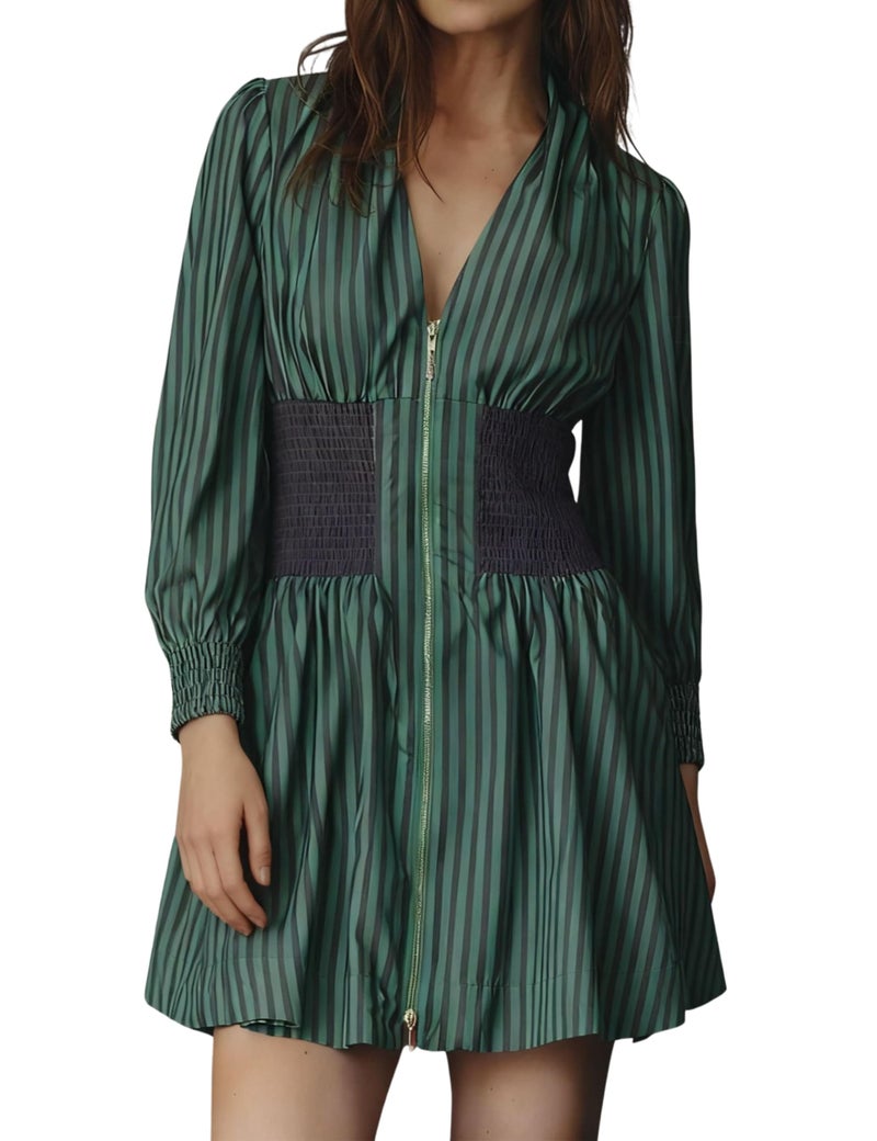 Meyhad Womens Long Sleeve Mini Dress V Neck Smocked Zipper Dress Casual A Line Short Dress with Pockets(1012-StripedGreen-L) - Image 1