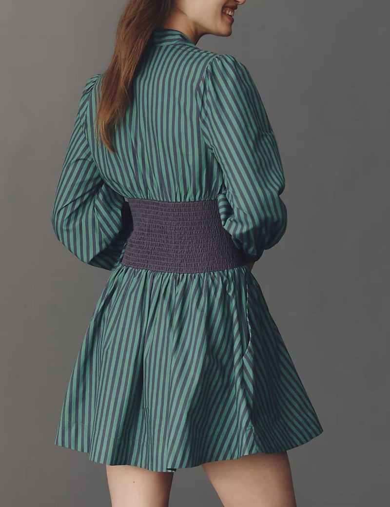 Meyhad Womens Long Sleeve Mini Dress V Neck Smocked Zipper Dress Casual A Line Short Dress with Pockets(1012-StripedGreen-L) - Image 4