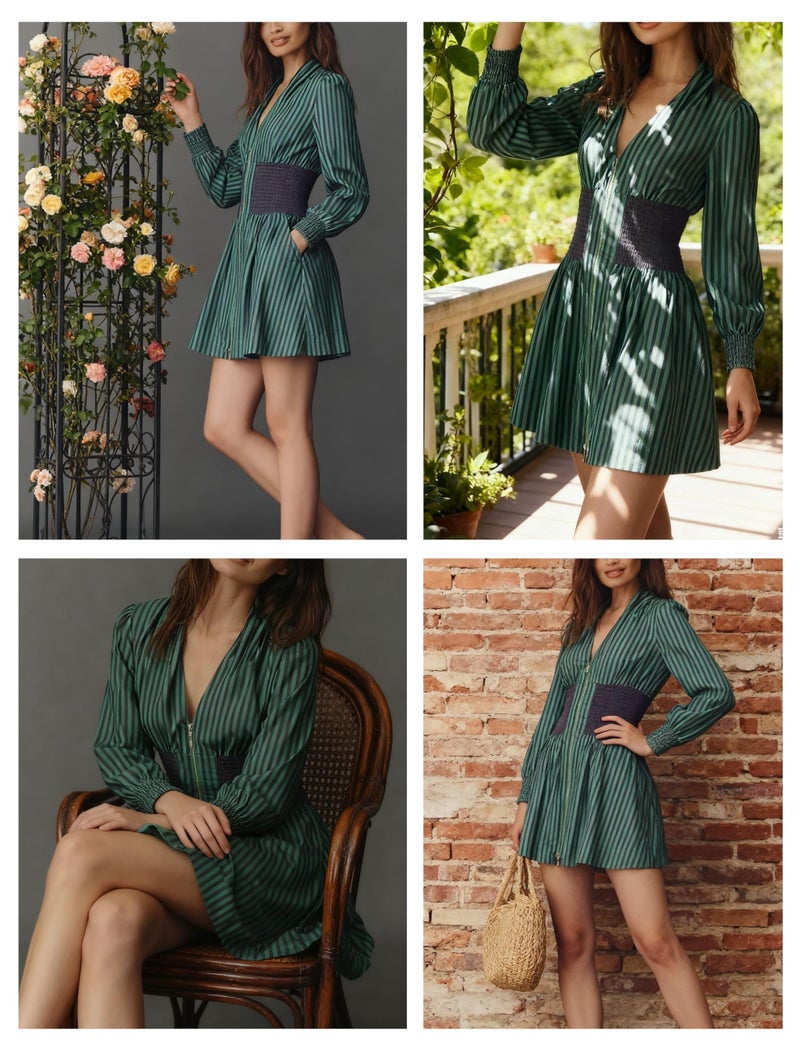 Meyhad Womens Long Sleeve Mini Dress V Neck Smocked Zipper Dress Casual A Line Short Dress with Pockets(1012-StripedGreen-L) - Image 5
