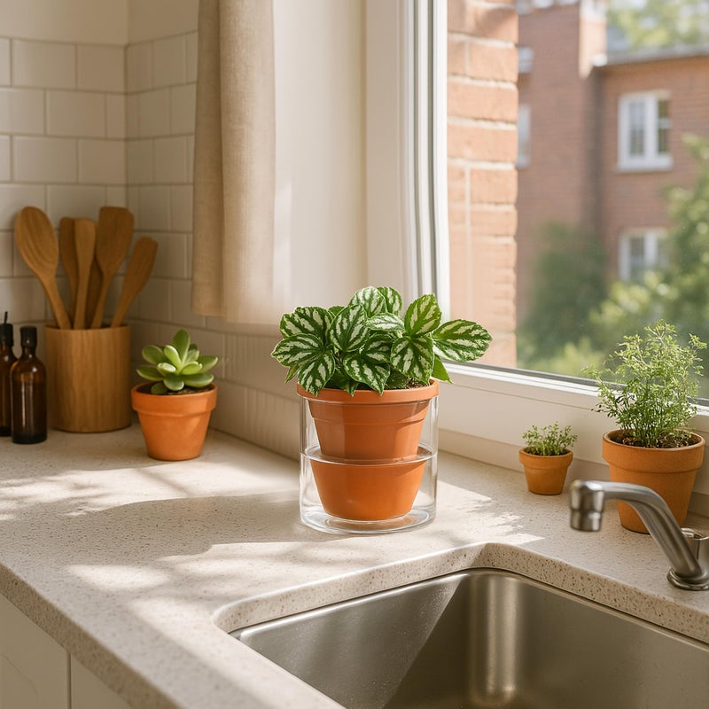 D'vine Dev 4 Inch Design Self Watering Pot for Indoor Plants, Terracotta Planter with Cylinder Glass Cup, Set of 4, 37-Z-A-1-F - Image 2