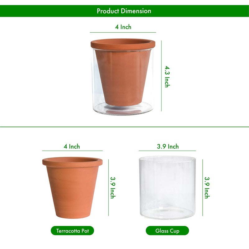 D'vine Dev 4 Inch Design Self Watering Pot for Indoor Plants, Terracotta Planter with Cylinder Glass Cup, Set of 4, 37-Z-A-1-F - Image 3
