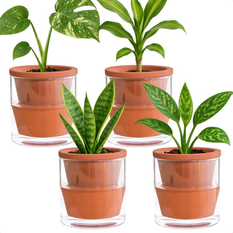 D'vine Dev 4 Inch Design Self Watering Pot for Indoor Plants, Terracotta Planter with Cylinder Glass Cup, Set of 4, 37-Z-A-1-F - Image 1