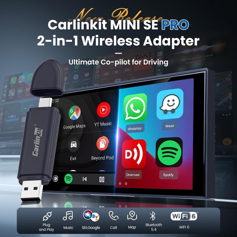 كار لينكيت Carlinkit عصا لاسلكية مطورة 2 في 1، MINI SE PRO، محول كاربلاي لاسلكي وأندرويد أوتو، بلوتوث 5.4 مدمج، واي فاي 6، معالج Arm A7، استهلاك طاقة منخفض (أزرق داكن) - Image 2