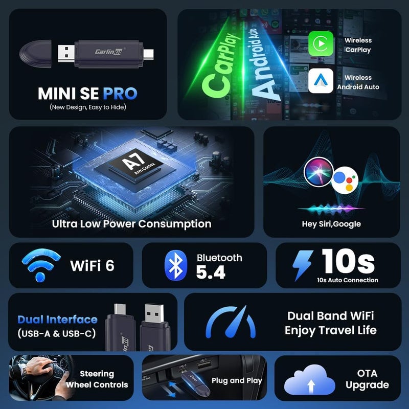 كار لينكيت Carlinkit عصا لاسلكية مطورة 2 في 1، MINI SE PRO، محول كاربلاي لاسلكي وأندرويد أوتو، بلوتوث 5.4 مدمج، واي فاي 6، معالج Arm A7، استهلاك طاقة منخفض (أزرق داكن) - Image 4