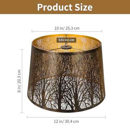 ALUCSET Etched Forest Metal Lampshade, ALUCSET Drum Metal Lamp Shade for Table Lamp,10" Top x 12" Bottom x 8" High Replacement Vintage Lamp Shade, Pattern of Trees Spider Lamp Cover (Antique Bronze Gold) - Image 2