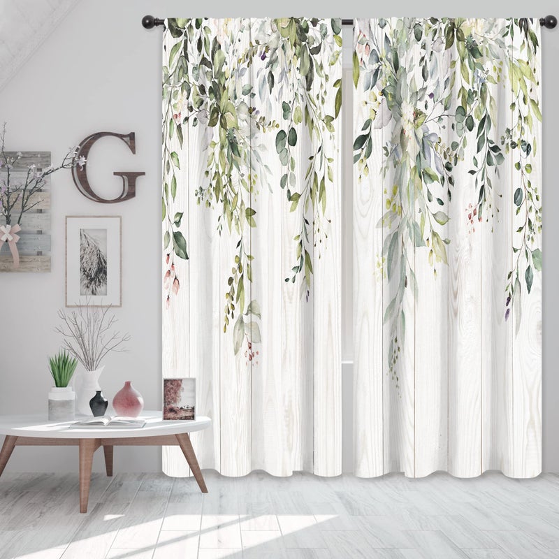 Riyidecor Green Eucalyptus Leaves Curtains Flower Watercolor Floral Spring Botanical Rod Pocket Wooden Wood Plant Farmhouse Cafe Curtain Herb Bedroom Living Room Treatment Fabric 2 Panels 52Wx84H Inch - Image 5