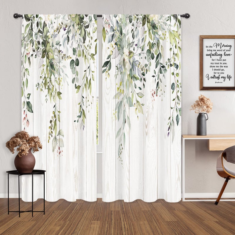 Riyidecor Green Eucalyptus Leaves Curtains Flower Watercolor Floral Spring Botanical Rod Pocket Wooden Wood Plant Farmhouse Cafe Curtain Herb Bedroom Living Room Treatment Fabric 2 Panels 52Wx84H Inch - Image 4