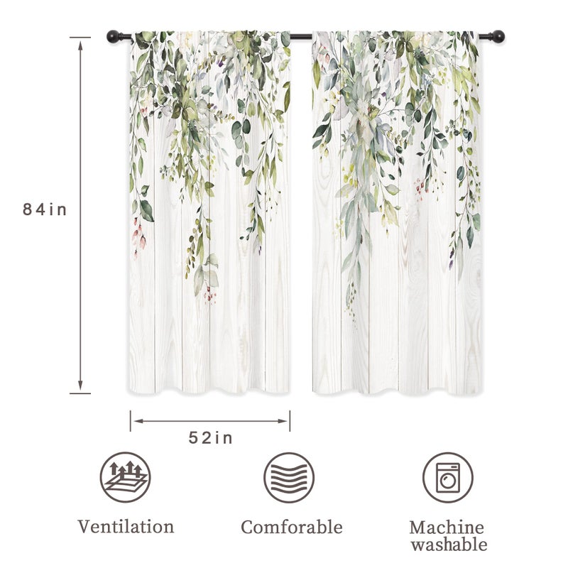 Riyidecor Green Eucalyptus Leaves Curtains Flower Watercolor Floral Spring Botanical Rod Pocket Wooden Wood Plant Farmhouse Cafe Curtain Herb Bedroom Living Room Treatment Fabric 2 Panels 52Wx84H Inch - Image 2