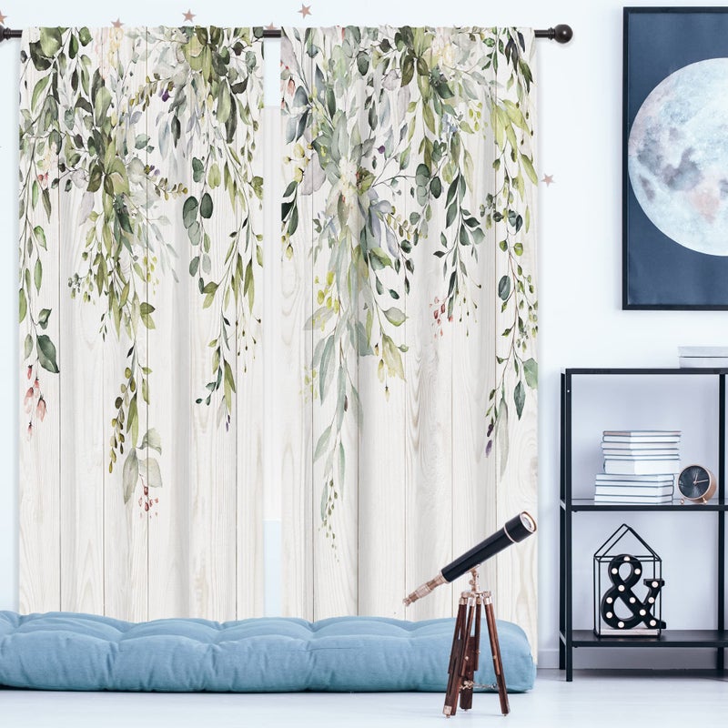 Riyidecor Green Eucalyptus Leaves Curtains Flower Watercolor Floral Spring Botanical Rod Pocket Wooden Wood Plant Farmhouse Cafe Curtain Herb Bedroom Living Room Treatment Fabric 2 Panels 52Wx84H Inch - Image 3