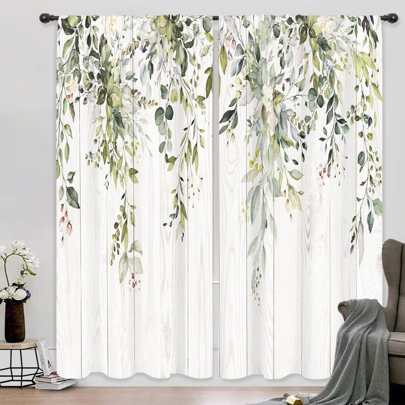 Riyidecor Green Eucalyptus Leaves Curtains Flower Watercolor Floral Spring Botanical Rod Pocket Wooden Wood Plant Farmhouse Cafe Curtain Herb Bedroom Living Room Treatment Fabric 2 Panels 52Wx84H Inch - Image 1